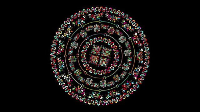 Decorative rotating icon with traditional Hungarian embroidery symbols. Seamless loop over black background.