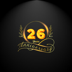 Elegant golden 26 years anniversary logo template. luxury retro vintage style. vector illustration