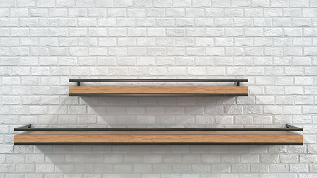 Wood loft style shelves on the white brick wall background. 3d illustration
