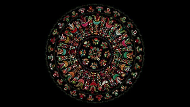 Decorative rotating icon with traditional Hungarian embroidery symbols. Seamless loop over black background.