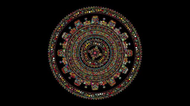 Decorative rotating icon with traditional Hungarian embroidery symbols. Seamless loop over black background.