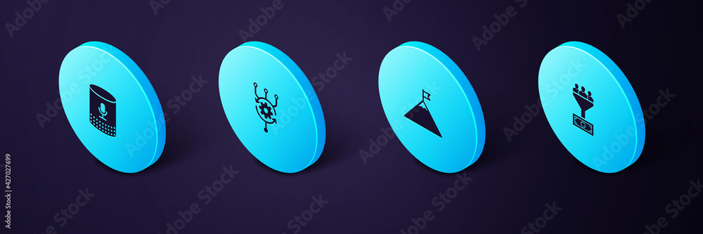 Poster set isometric lead management, mountains and flag, algorithm and voice assistant icon. vector