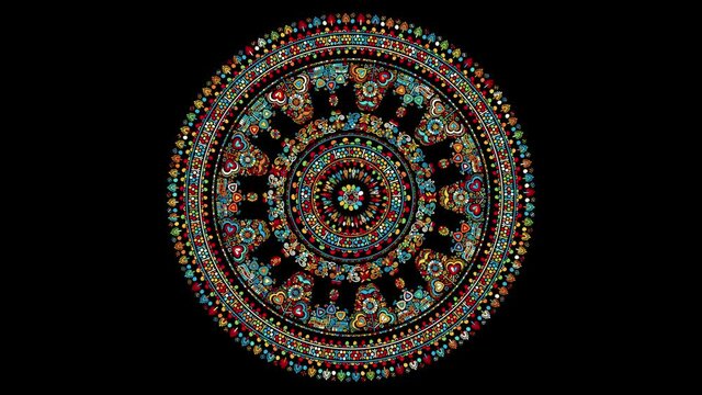 Decorative rotating icon with traditional Hungarian embroidery symbols. Seamless loop over black background.