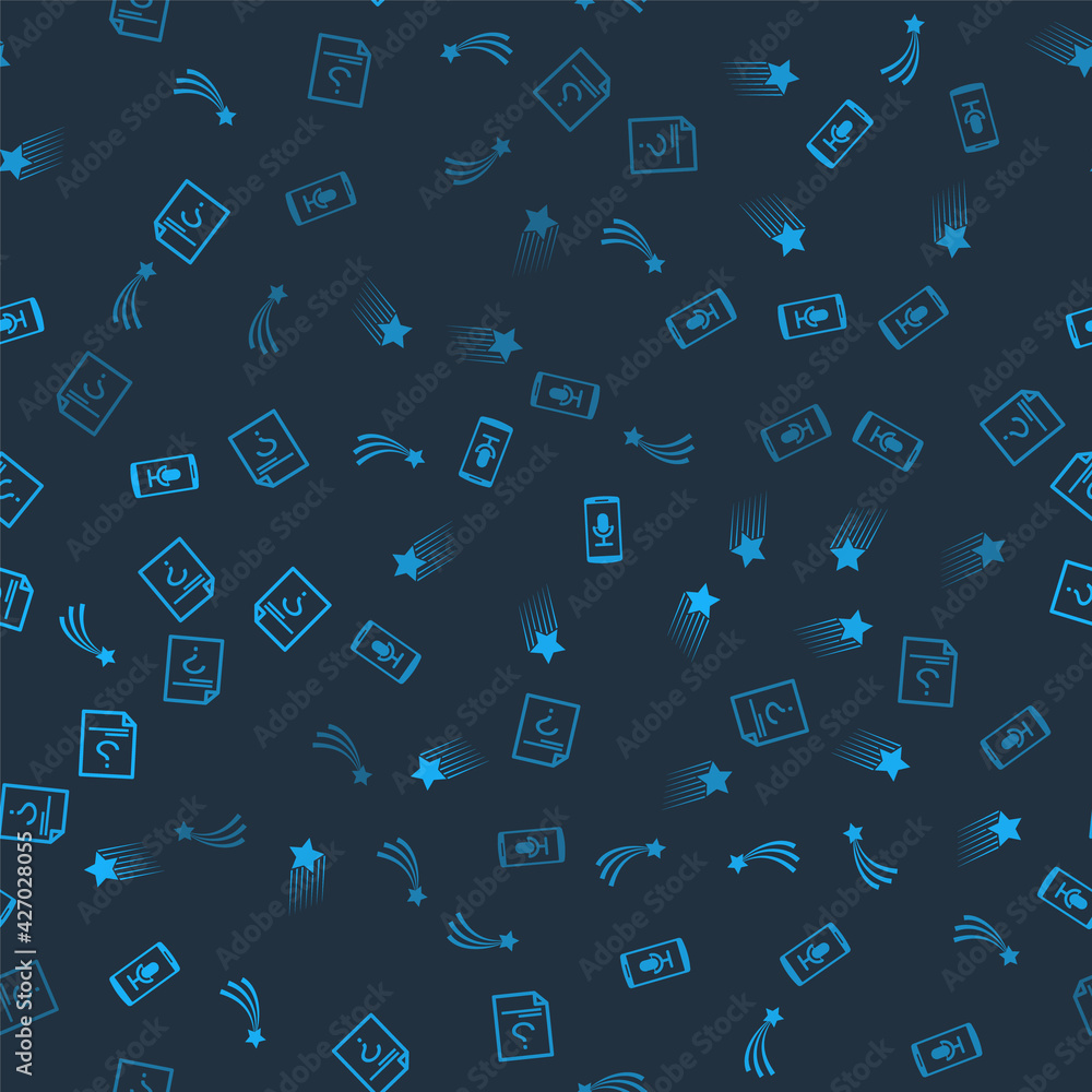 Poster set falling star, , mobile recording and unknown document on seamless pattern. vector