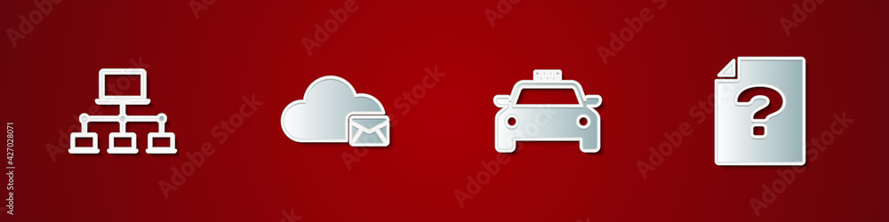 Poster set computer network, cloud mail server, taxi car and unknown document icon. vector