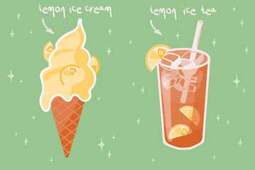 Set of Ice lemon tea and ice cream in kawaii style. Cute vector illustration. Suitable for menu, flyer, ads, sticker.
