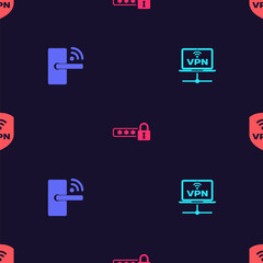 Set VPN Computer network, Digital door lock with wireless, Password protection and Shield on seamless pattern. Vector