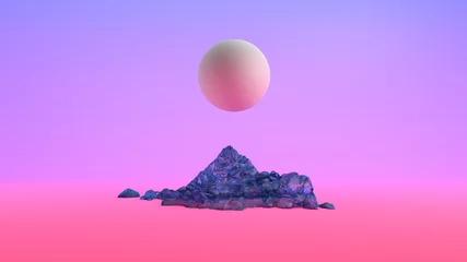 Gordijnen Abstract ontwerp van kleurrijke bollen. Futuristische illustratie voor achtergrond. Rener 3d ijsberg, sci-fi, landschap, metaal, vloeistof, geometrie. © Dewing