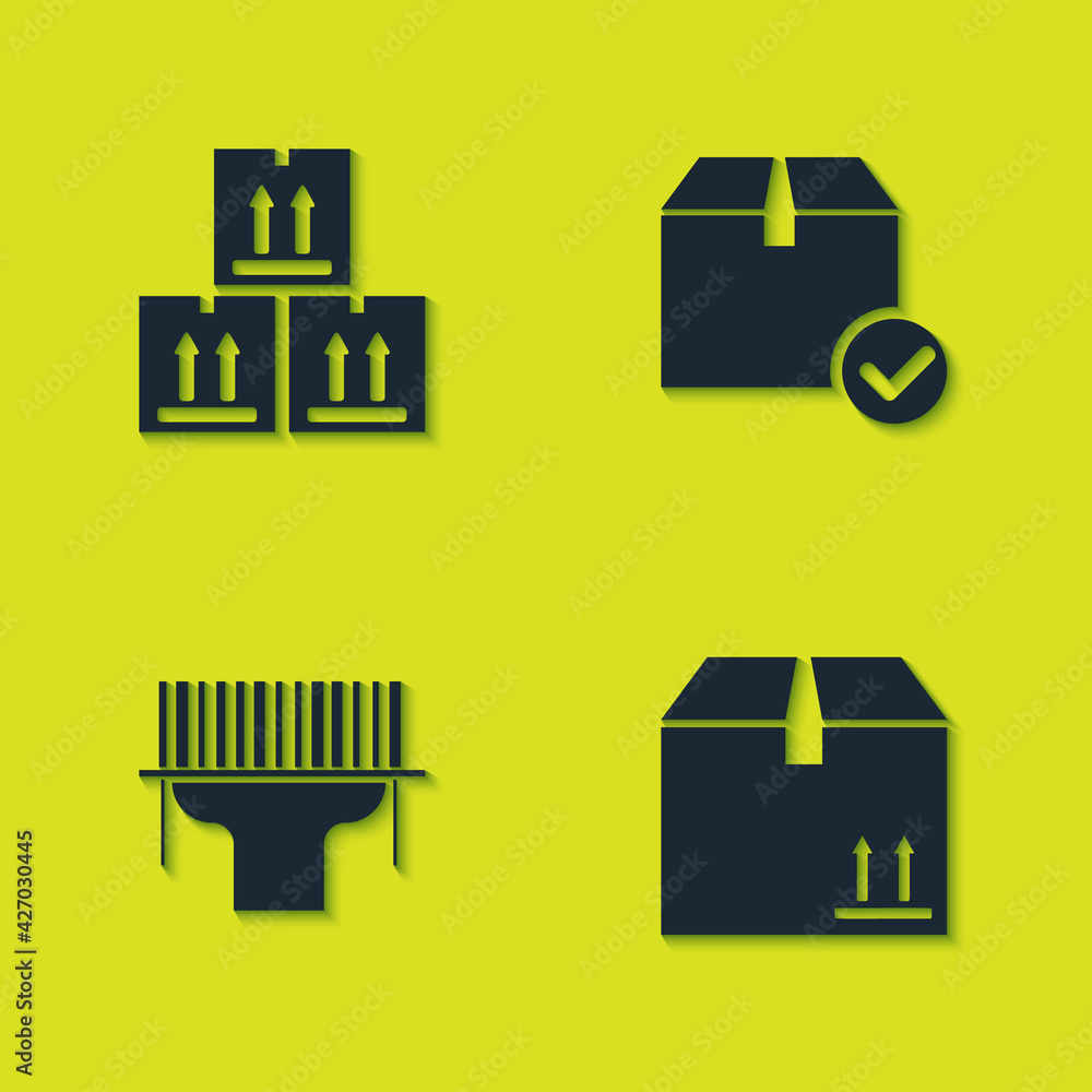 Poster set cardboard box with traffic, , scanner scanning bar code and package check mark icon. vector