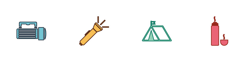 Set Flashlight, , Tourist tent with flag and Thermos container icon. Vector
