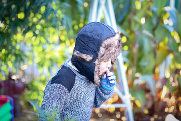 Little boy in garden on sunny winter day wearing warm hat and gloves