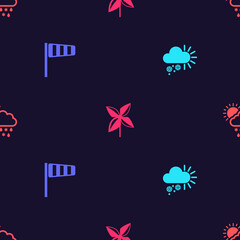 Set Cloudy with snow, Cone windsock wind vane, Pinwheel and rain, sun on seamless pattern. Vector