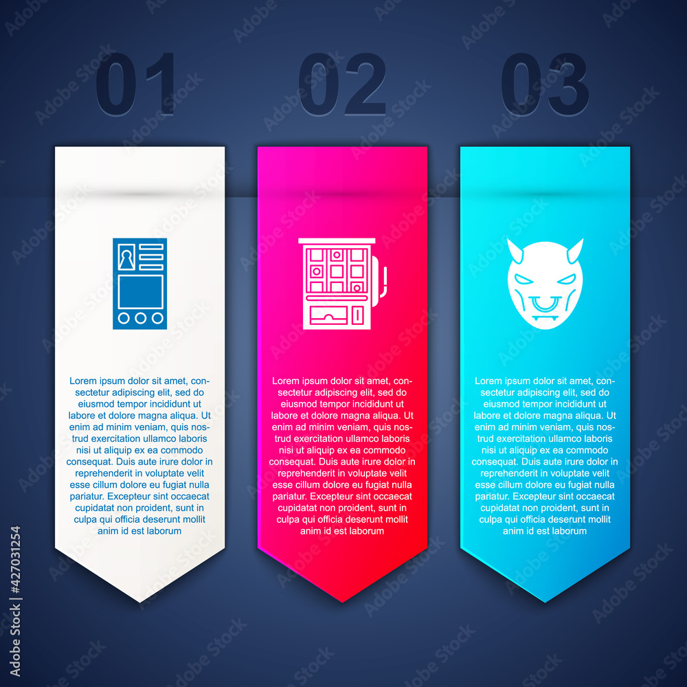 Poster set create account screen, slot machine and mask of the devil with horns. business infographic templ