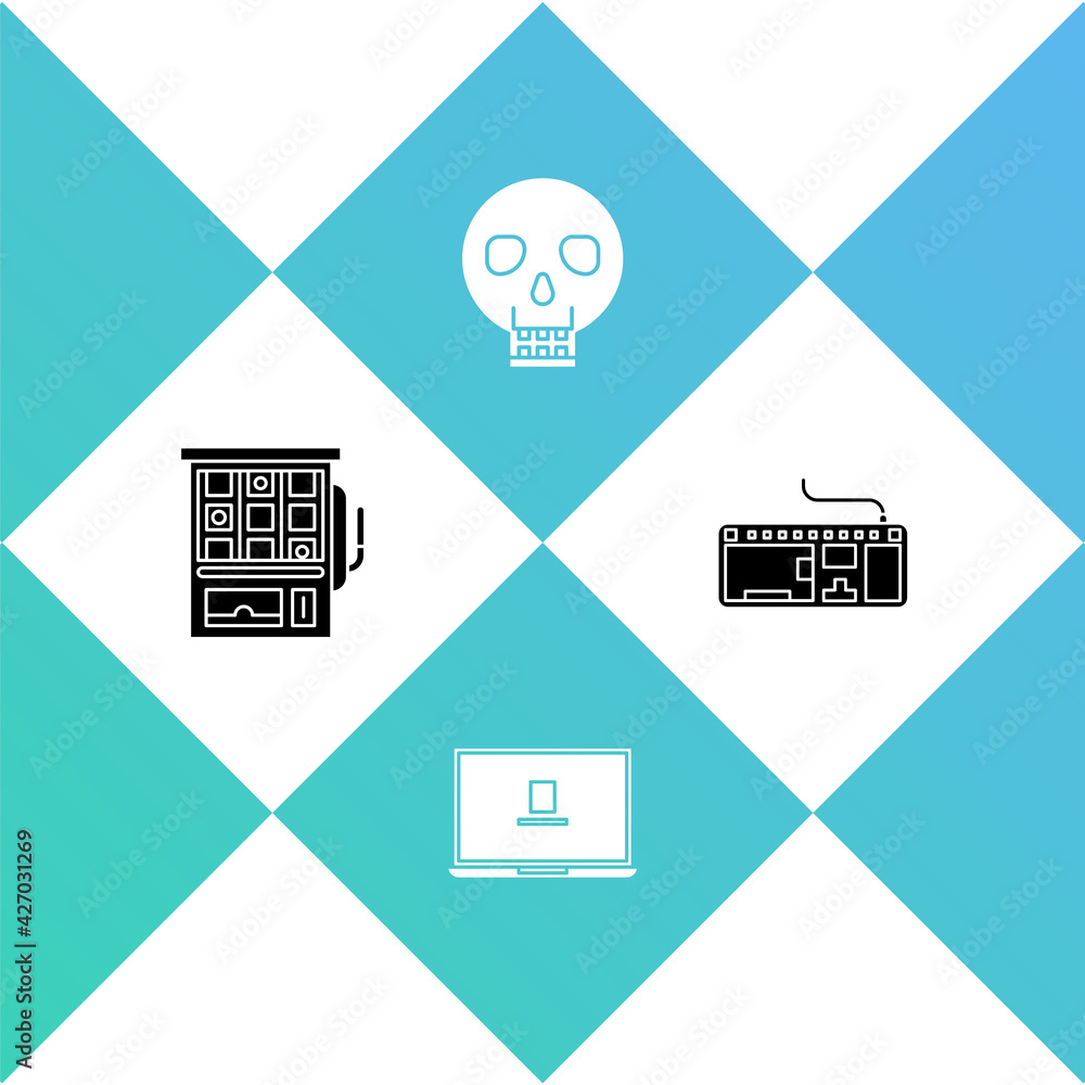 Poster set slot machine, laptop, skull and computer keyboard icon. vector