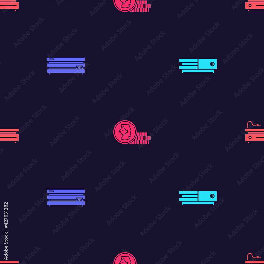 Aufkleber set video game console, , coin for and on seamless pattern. vector