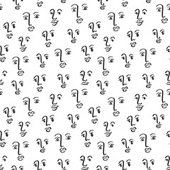 Face line art seamless pattern with abstract doodle eyes, nose, lips. Simple style print design with hand drawn faces. Hipster graphic pattern for packaging, fabric design.Vector illustration ornament