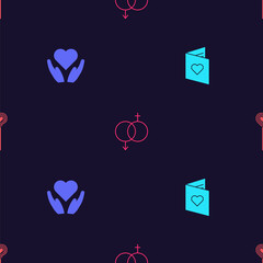 Set Valentines day flyer with heart, Heart hand, Gender and Lollipop on seamless pattern. Vector