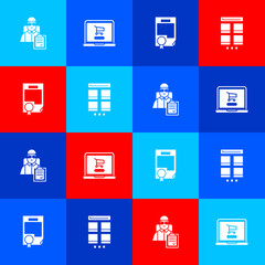 Set Delivery man with cardboard boxes, Shopping cart on laptop, Certificate template and Online shopping mobile icon. Vector