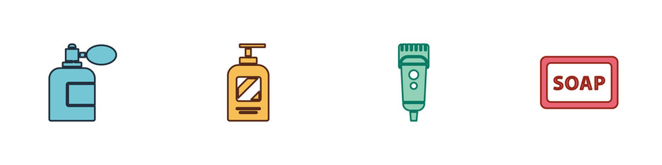 Set Aftershave bottle with atomizer, Bottle of shampoo, Electrical hair clipper or shaver and Bar soap foam icon. Vector