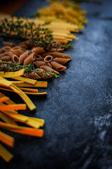 Different Italian homemade pasta types top view spaghetti traditional