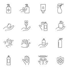 Antiseptics and Antivirus Protection Icon Set. Collection of linear simple web icons such as Anti-Virus Protection, Нand Hygiene, Soap, Antiseptic. Outline Signs. Web Design, Mobile App. Eps10