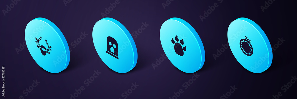 Wall mural set isometric canteen water bottle, paw print, balaclava and deer antlers on shield icon. vector