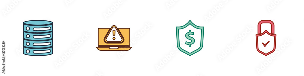 Poster set server, data, web hosting, laptop with exclamation mark, shield dollar and lock and check icon. 