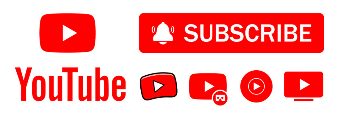 Subscribe button icon with arrow cursor. Official logotypes of Youtube Apps. Youtube, youtube kids, YouTube Music, YouTube TV, YouTube VR. Kyiv, Ukraine - April 11, 2021