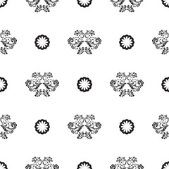 Seamless black and white pattern with flowers and monograms in Simple style. Good for mural wallpaper, fabric, postcards and printing. Vector illustration.