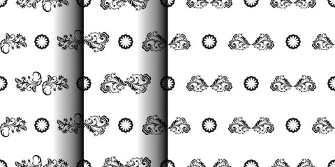 Set of Seamless black and white pattern with flowers and monograms in Simple style. Good for backgrounds and prints. Vector