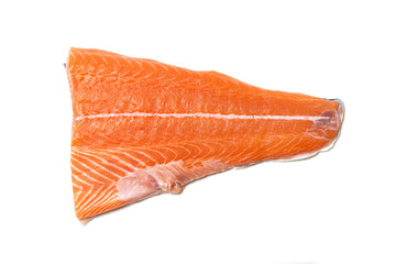 Fillet of salmon meat isolated on white background. Horizontal slice of a fish carcass.