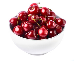 white caeramic bowl of sweet cherry fruits isolated on white background