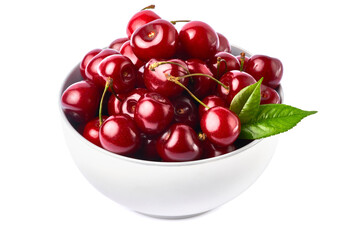 white caeramic bowl of sweet cherry fruits isolated on white background