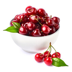 Obraz na płótnie Canvas white caeramic bowl of sweet cherry fruits isolated on white background