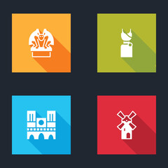 Set Gargoyle on pedestal, Woman dress, Notre Dame and Windmill icon. Vector