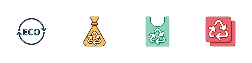 Set Label for eco healthy food, Garbage bag with recycle, Plastic and Recycle icon. Vector