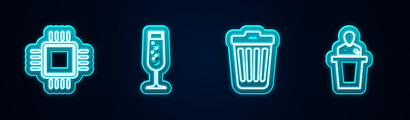 Set line Processor with CPU, Glass of champagne, Trash can and Speaker. Glowing neon icon. Vector
