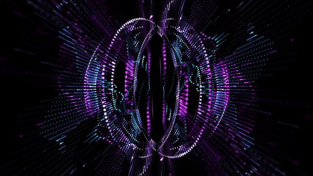 Dynamic energy sphere with dancing pink and blue neon particles and light beams. Full HD and looping motion background.