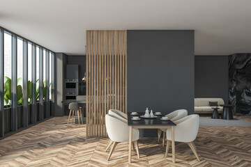 Dark modern dining room interior with panoramic window and partition