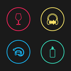 Set line Electric car, Burning candle, Headphone sound waves and Wine glass icon. Vector