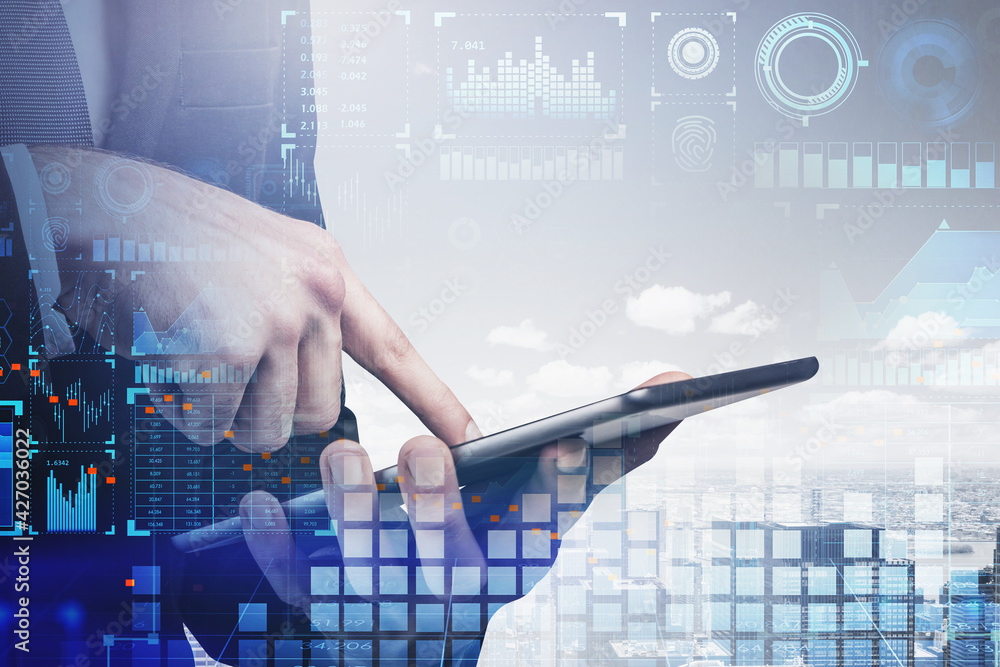 Aufkleber businessman hand working with tablet device touching the screen by finger. digital security and data