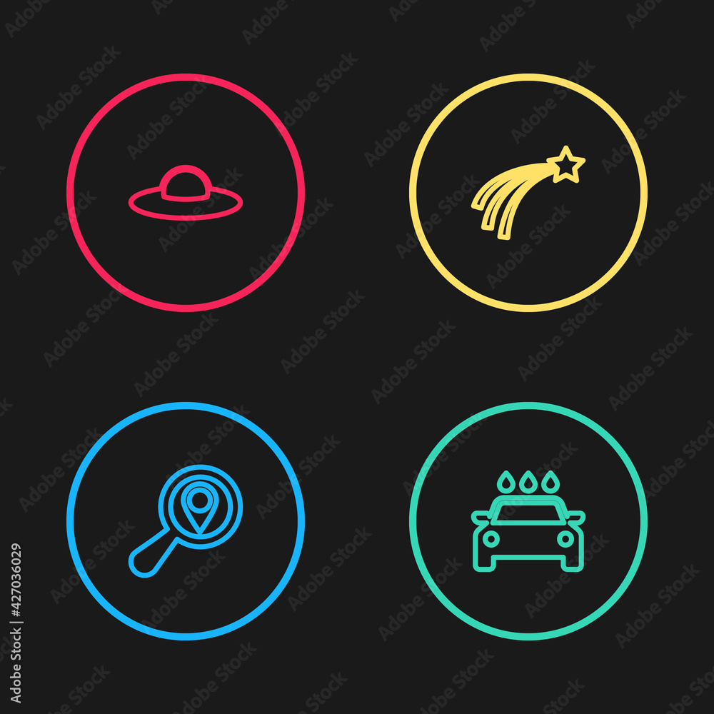 Sticker Set line Search location, Car wash, Falling star and UFO flying spaceship icon. Vector