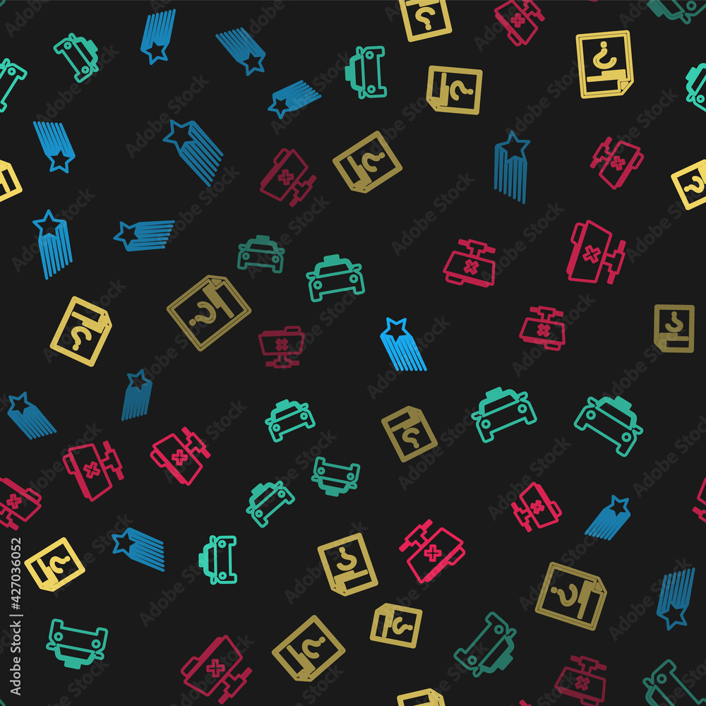 Poster set line falling star, taxi car, unknown document and ftp cancel operation on seamless pattern. vect