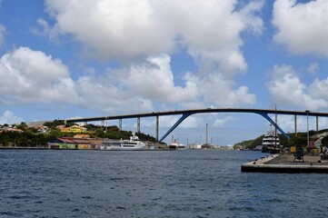 view across St. Anna Bay in Willemstad towards Queen Juliana bridge along the waterfront in the Otrobanda quarters of Curacao