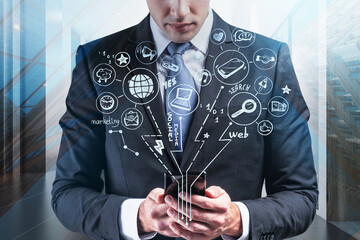 Businessman with phone, social media white icons sketch