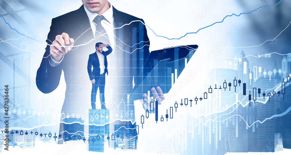 Poster man with clipboard, graph changes lines and candlesticks