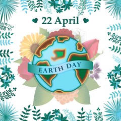 Earth Day 22 April Poster Banner Invite, Be part of the change, 3D earth vector illustration