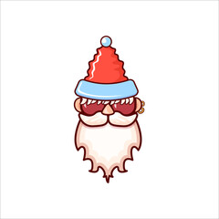 Santa Claus head with Santa red hat and hipster sunglasses isolated on white Christmas background. Santa label or sticker design