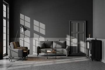Grey living room interior with armchair and sofa on concrete floor, mockup