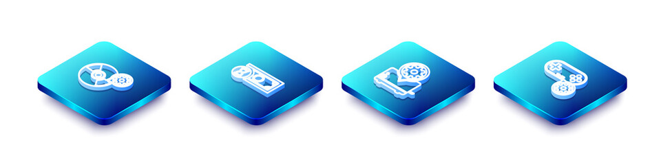 Set Isometric line CD or DVD disk setting, Fast payments, Toaster and Gamepad icon. Vector